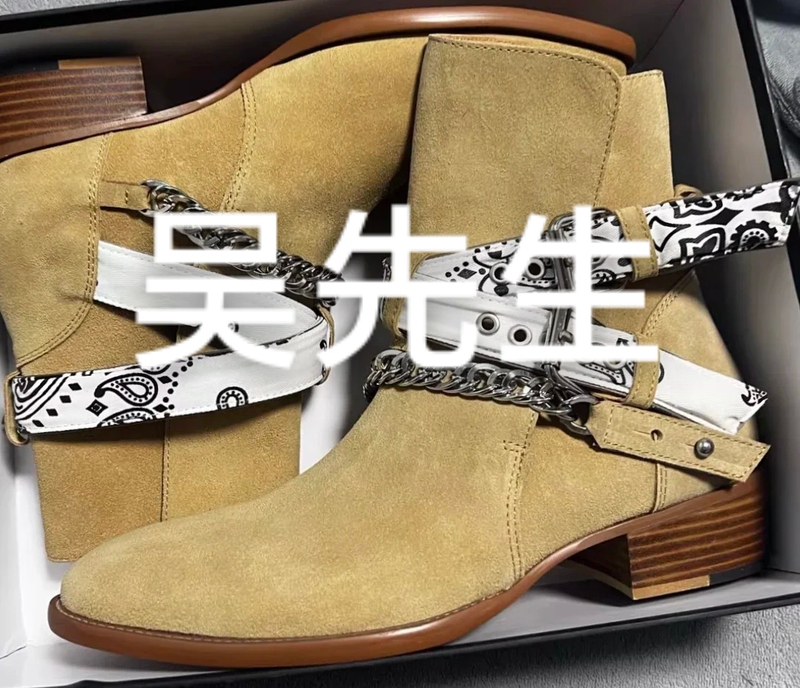 Mr. Wu's Old Wu Chain Paisley Pattern Steel Stamp Sole Lace-Up Chelsea Boots Men's Martin Boots Suede Trendy High Street