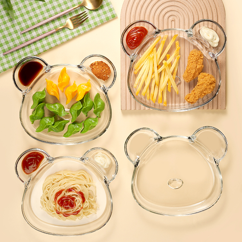 Langxu Glass Divided Plate, Simple Flat Plate for Home Use, Dumpling Plate with Dipping Sauce Dish, Seafood Plate, Shrimp Plate, Low-Fat Meal-Sharing Plate