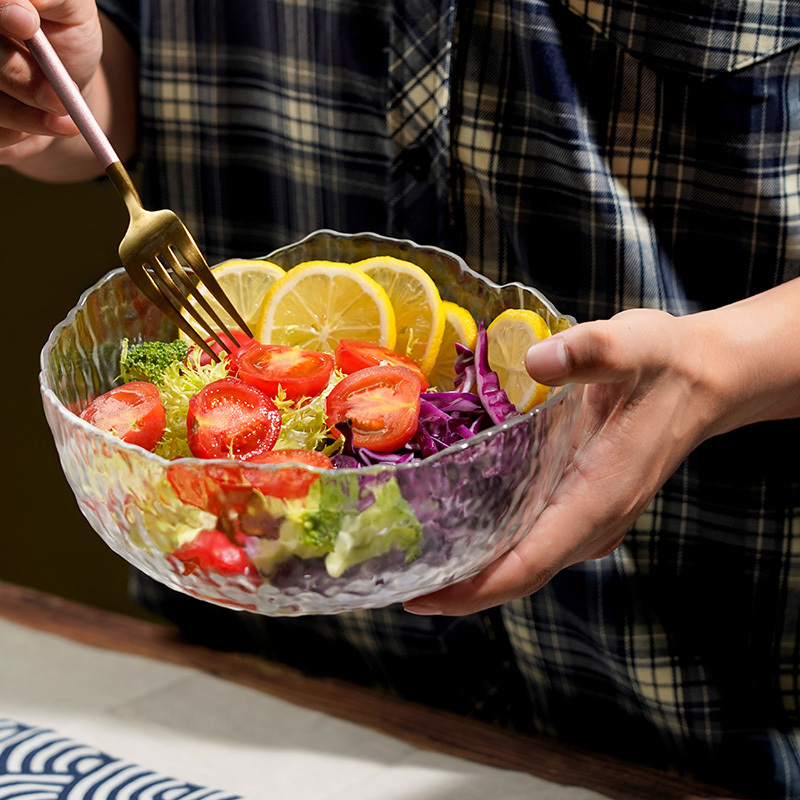 Glacier-Patterned Glass Bowl, Japanese-Style Salad Bowl, High-Value Trendy Irregular Hammered Bowl for Vegetables, Fruits, Desserts, and Soup