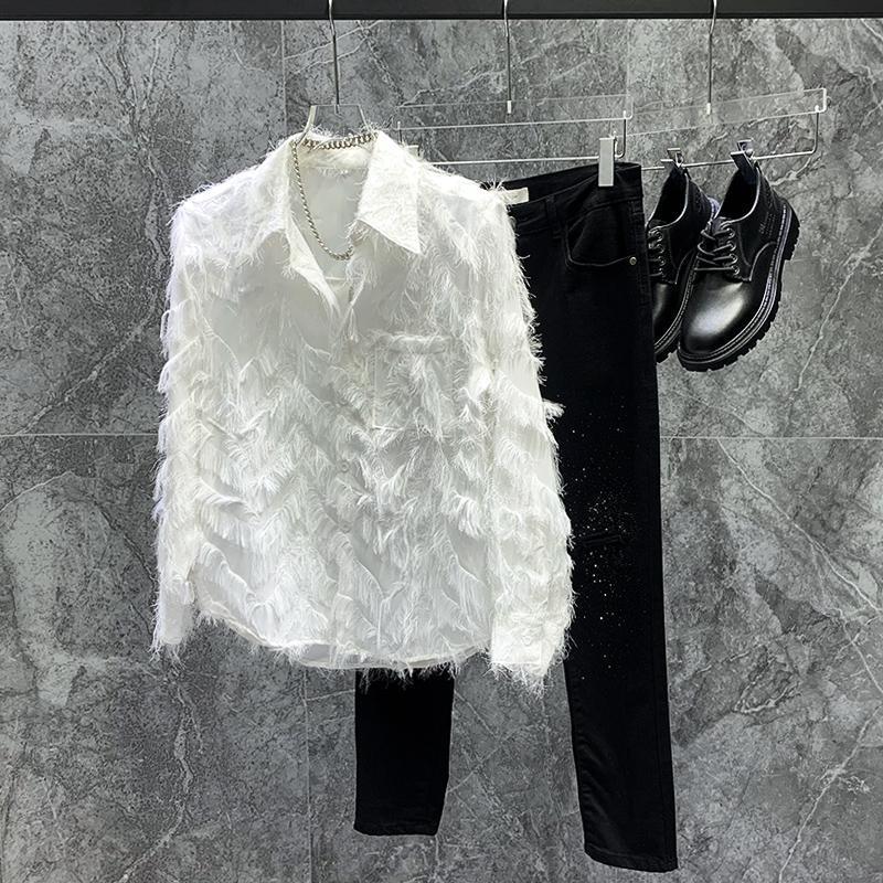 Semi-Transparent Tassel Feather Thin Shirt for Men, Unique Design, White Long-Sleeve Shirt, Trendy Top, Summer Clothing
