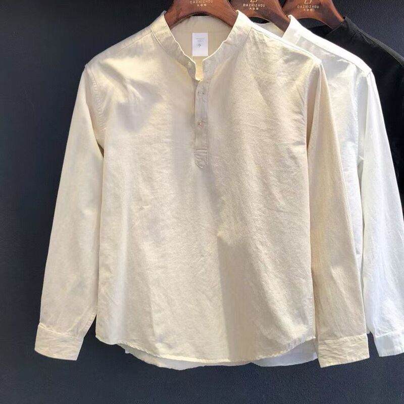 High-End Minimalist Style Men's Henry Collar Shirt 2025 Spring and Autumn Cool and Versatile Breathable Fashionable Loose Long-Sleeved Top