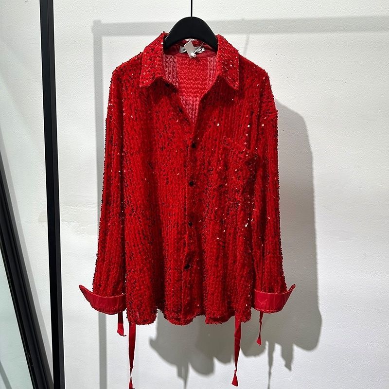 2025 New Style Personalized Sequined Velvet Shirt for Men with Laces, Multiple Ways to Wear, Fashionable Trendy Brand Nightclub Shiny Shirt