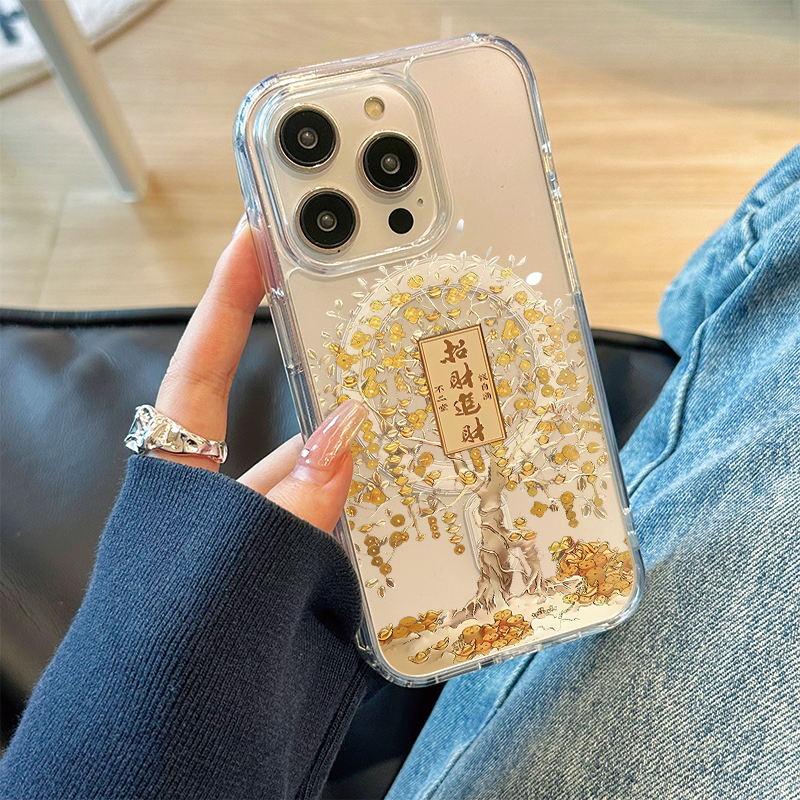 Suitable for Apple 17 Magnetic Phone Case, iPhone 15 Pro Max New Model 13Pro Max Gold Coin Fortune Tree 11 High-End Feel for Women 12Pro Transparent Silicone 15Plus Personalized Creative 13 Text