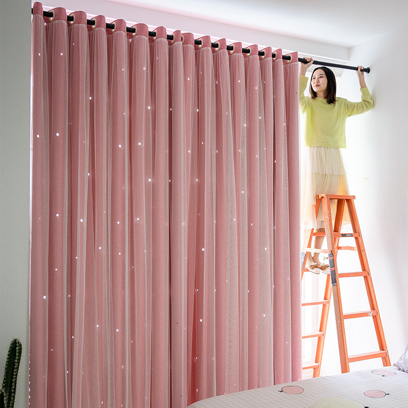 2021 New Perforated Mounting Rod COMPLETE SET OF CURTAIN DOUBLE LAYER WITH YARN BEDROOM Girl Shade Cloth free of installation