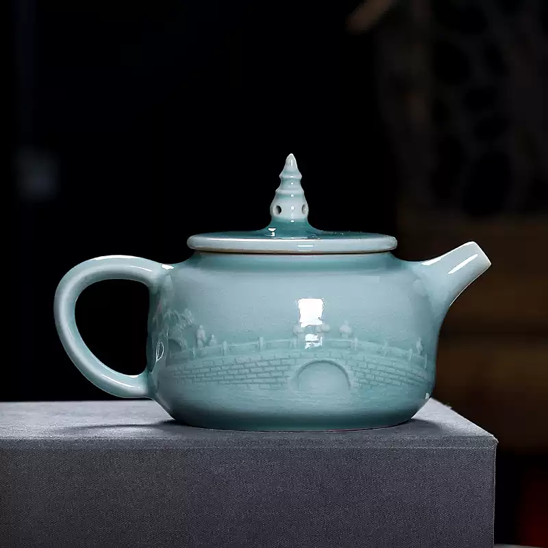 徐哲川老師手工刻繪青瓷茶壺湖藍色粉青釉中式國風茶具-Taobao-Tmall