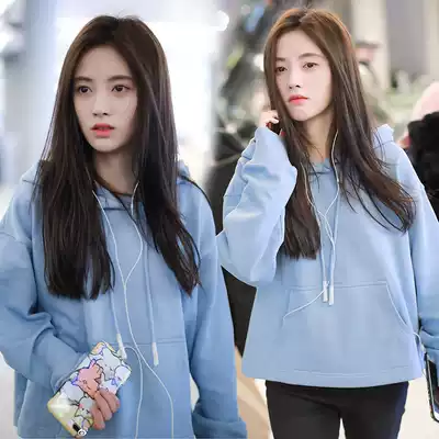 Star with pure blue sweater female 2020 New lazy fashion wild loose student hooded sweatshirt women