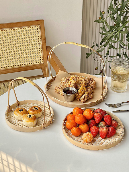 Creative Tea Tray round Handle Multi-Layer Bamboo Woven