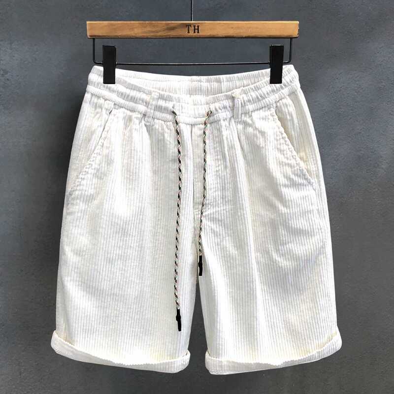 Corduroy Retro Casual Shorts for Men, Summer Loose Elastic Waist Solid Color Knee-Length Shorts, American Style Mid-Length Pants for Men