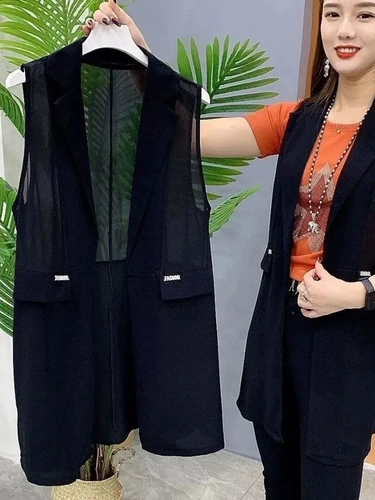 Летний длинный черный жилет без рукавов, куртка для отдыха, средней длины, популярно в интернете, в западном стиле