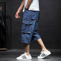 Summer thin denim five-point pants young men loose casual Capri pants overalls pants increase pocket tide fat