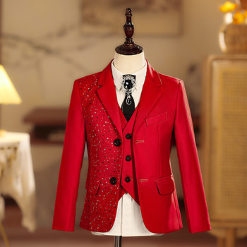 Boys' Suit Set, Red Children's Host Formal Wear, Diamond-Studded Suit for Performance, Choir Performance Costume