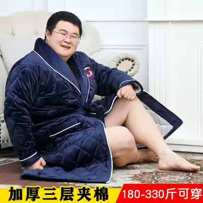 Nightgown Men's winter coral velvet three-layer padded plus velvet thick flannel bathrobe Plus fat plus size pajamas quilted jacket
