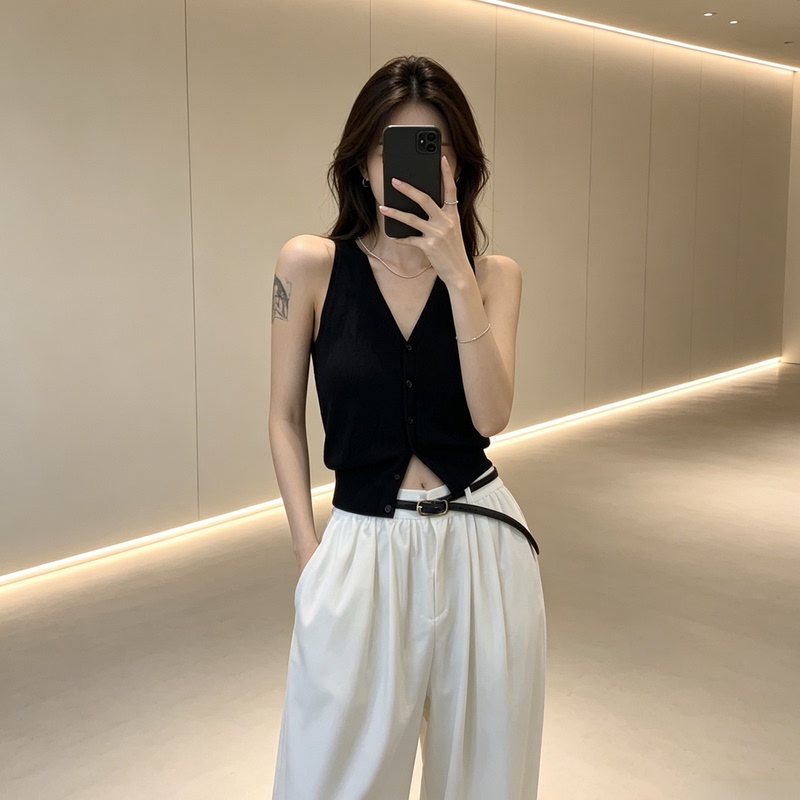Unique and Beautiful Early Summer Sleeveless Top for Women, Black Outerwear with V-Neck, Thin Knitted Vest Cardigan