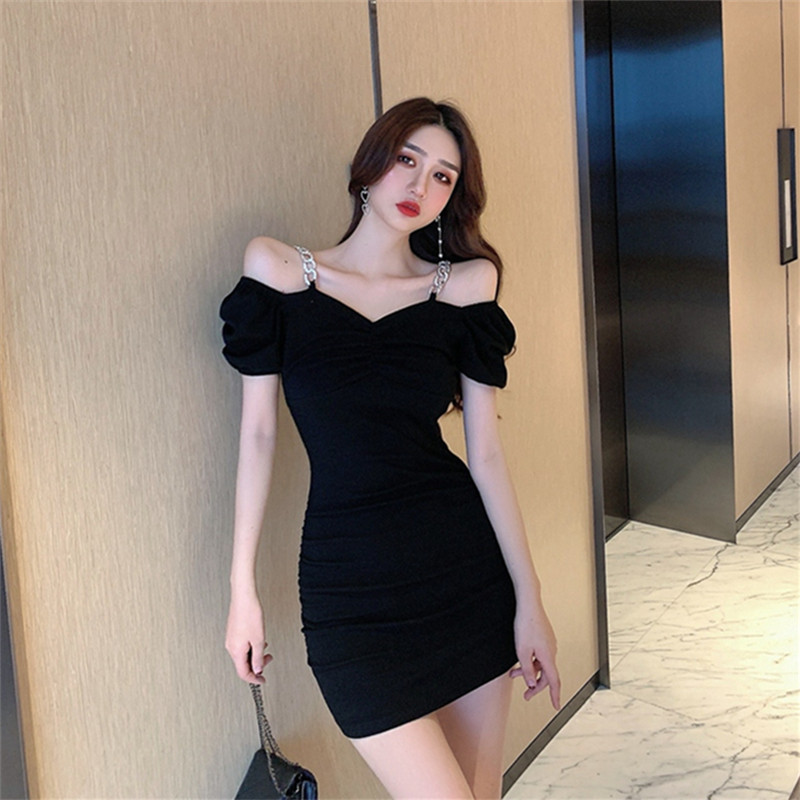 Summer New Women's One-Shoulder Off-Shoulder Sexy Bodycon Dress with Puff Sleeves, Vacation Hot Girl Chain Strap Dress Summer New Women's One-Shoulder Off-Shoulder Sexy Bodycon Dress with Puff Sleeves, Vacation Hot Girl Chain Strap Dress