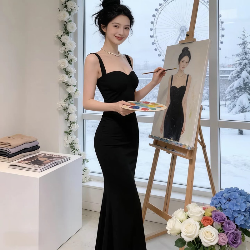 Summer Socialite Pear-Shaped Figure Waist-Cinching Long Dress Black Slim-Fit Party Light Formal Dress Curve-Enhancing U-Neck Strap Dress