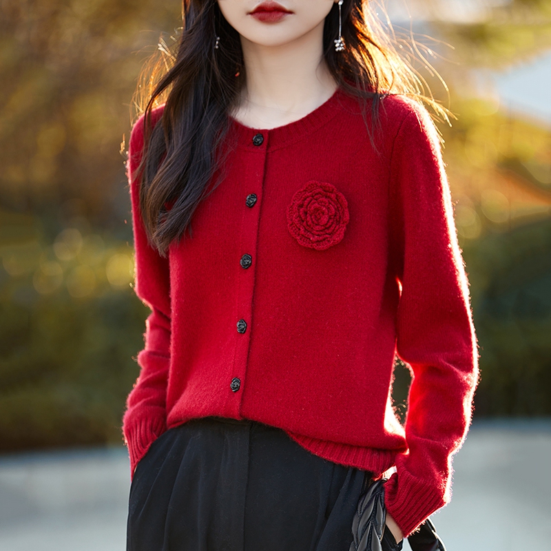 New Year's Cashmere Cardigan for Women, Round Neck, Handmade Crochet Sweater, Base Layer, New Wool Knit Jacket