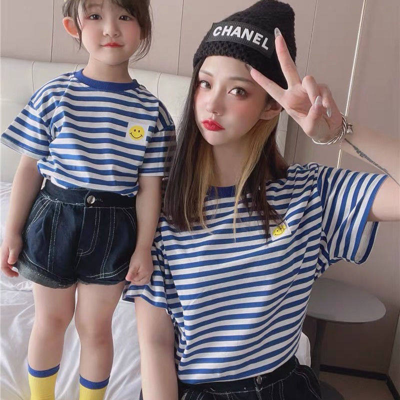 Pure cotton short-sleeved parent-child T-shirt mother-daughter mother-child family of three boys and girls mothers striped top