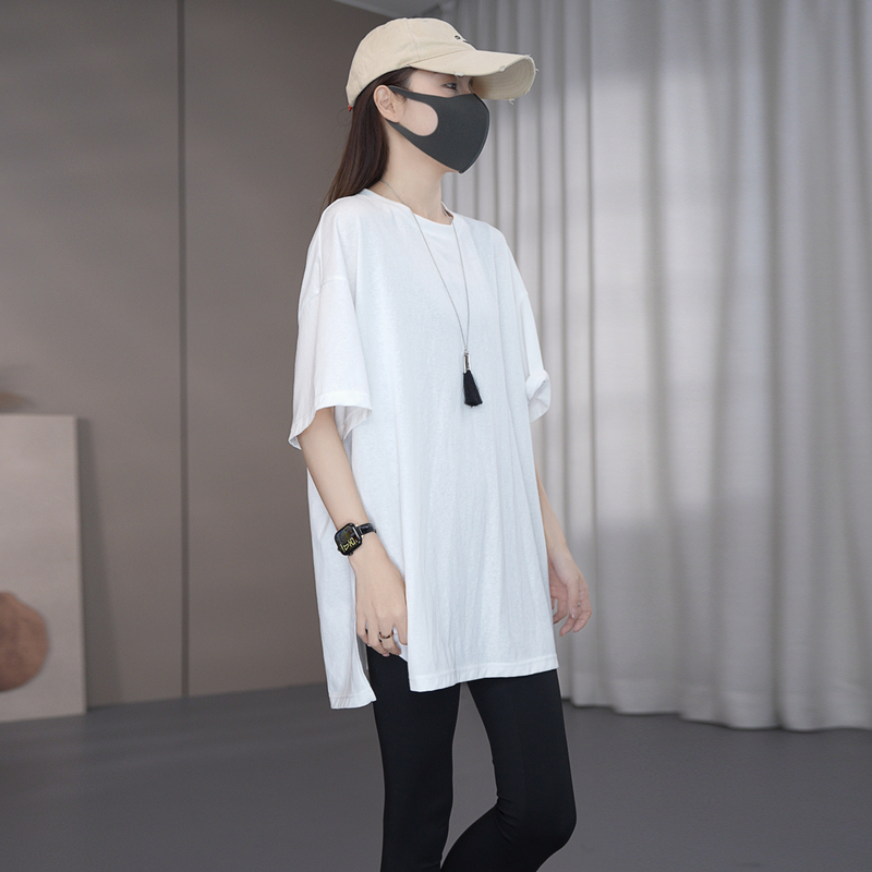 Shuoge Casual Skin-Feel Snowflake Cotton Short-Sleeve T-Shirt, Solid Color Minimalist Style with Side Slit, Oversized Top 27087