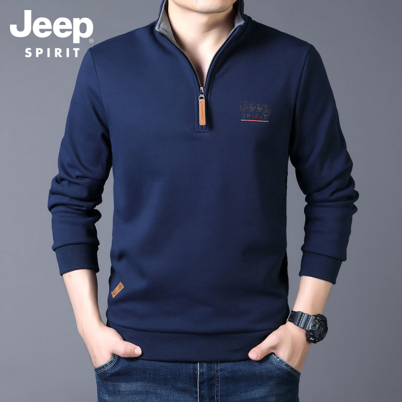 JEEP half zipped long sleeve T-shirt male autumn winter plus suede easy collar men's clothing new business casual Polo shirts-Taobao