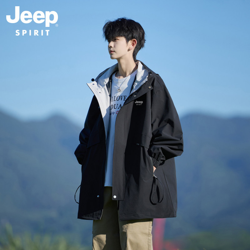Мужская ветровка Jeep plus size, весенняя новая молодежная свободная повседневная куртка средней длины, ветрозащитная куртка с капюшоном