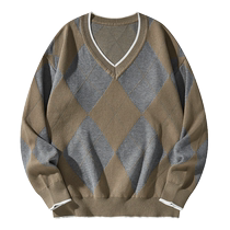 Jeep retro V-neck pullover color-blocked sweater for men 2024 autumn fashion versatile loose bottoming shirt