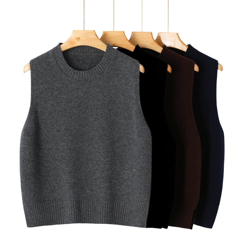 Minimalist Style~ Red Lotus 100% Pure Wool Knitted Vest for Women, Round Neck, Sleeveless, Loose Fit, Versatile Layering Casual Vest