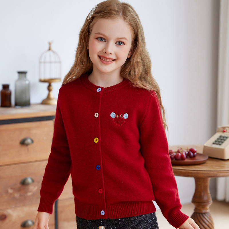 Red Lotus 100% Pure Wool Knitted Jacket Korean Style Fashionable Sweater Cardigan for Men, Women, and Children with Embroidered Smiling Face Top