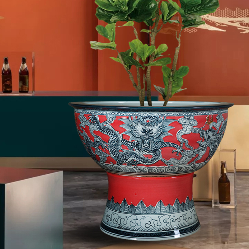 Jingdezhen ceramic flower pot cylinder large hydroponic tortoise bowl lotus pond lily copper money plant potted grass court goldfish bowl