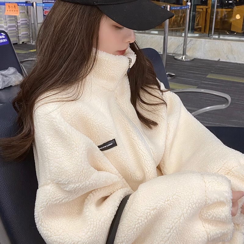 Lamb Wool Sweatshirt for Women, Autumn and Winter 2026 New Style, Fleece-Lined, Thickened, Warm, Stand Collar, Oversized Lamb Wool Coat, Trendy