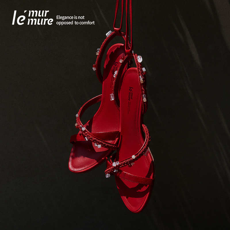 Le' Murmure Traditional Braided Crystal Oriental Classical Aesthetic High-Gloss Oil Wax Leather Kitten Heel Sandals Le' Murmure Traditional Braided Crystal Oriental Classical Aesthetic High-Gloss Oil Wax Leather Kitten Heel Sandals