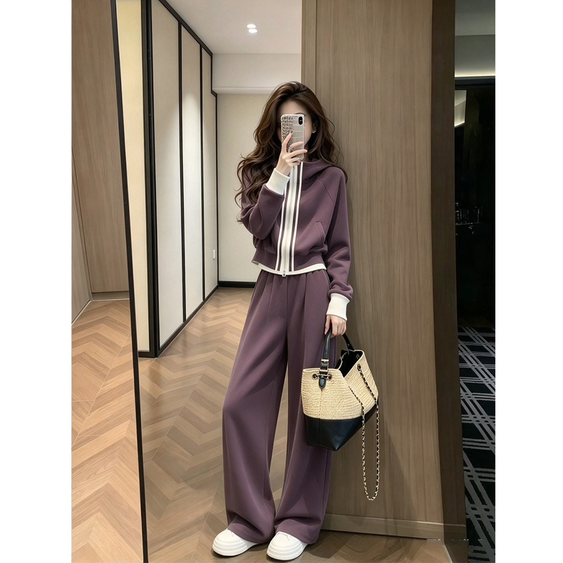 Korean Style Relaxed Casual Sportswear Set for Women, Autumn High-End Purple Hooded Sweatshirt and Sweatpants Two-Piece Set
