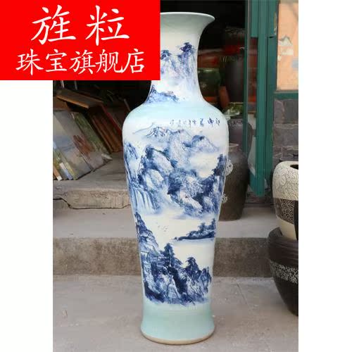 Q3042 jingdezhen porcelain of large vase full manual landscape painting sitting room place of blue and white porcelain hotel equipment