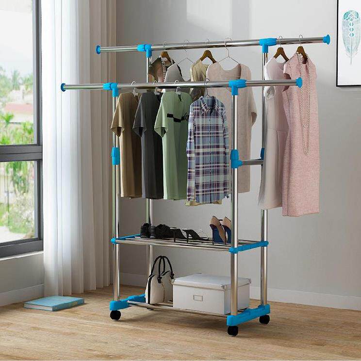 Clothes hanger lifting and double-lever accessories General floor large-capacity double bar Quilt Racks Free Simple Bedroom Iron