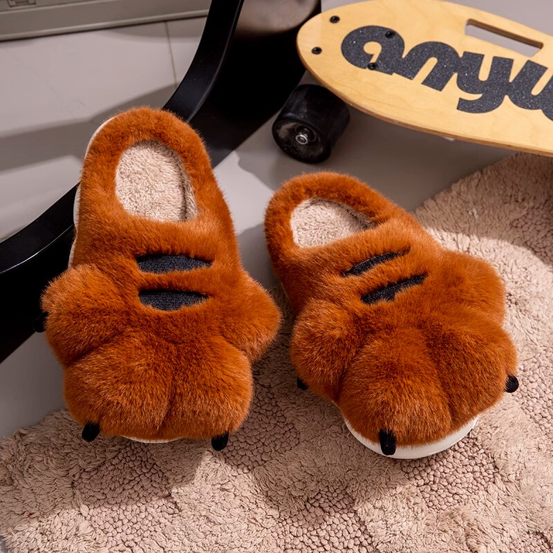 Thick-Soled Cotton Slippers for Men, Winter Cartoon Tiger Claw Indoor Home Non-Slip soft sole Warm Plush Closed-Toe Slippers