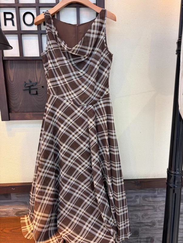 Nishimachiya Village Retro-Style Dress for Women 2026 Summer New Plaid Swing Collar Sleeveless Dress Xabb10046