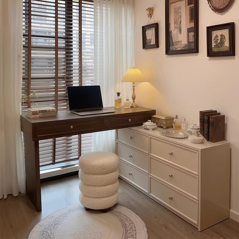 Corner Vanity Desk Two-In-One Solid Wood Lacquered Semi-Enclosed L-Shaped Makeup Table Computer Desk Integrated Chest of Drawers