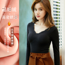 V-neck base shirt womens autumn and winter with velvet thickened chest pad Slim-fit meat-colored autumn coat tight t-shirt black top
