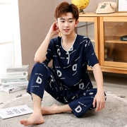 Bộ đồ ngủ bằng lụa cotton mùa hè dành cho học sinh trung học cơ sở nam ngắn tay rời bằng lụa cotton mỏng phù hợp với thanh niên điều hòa không khí tại nhà