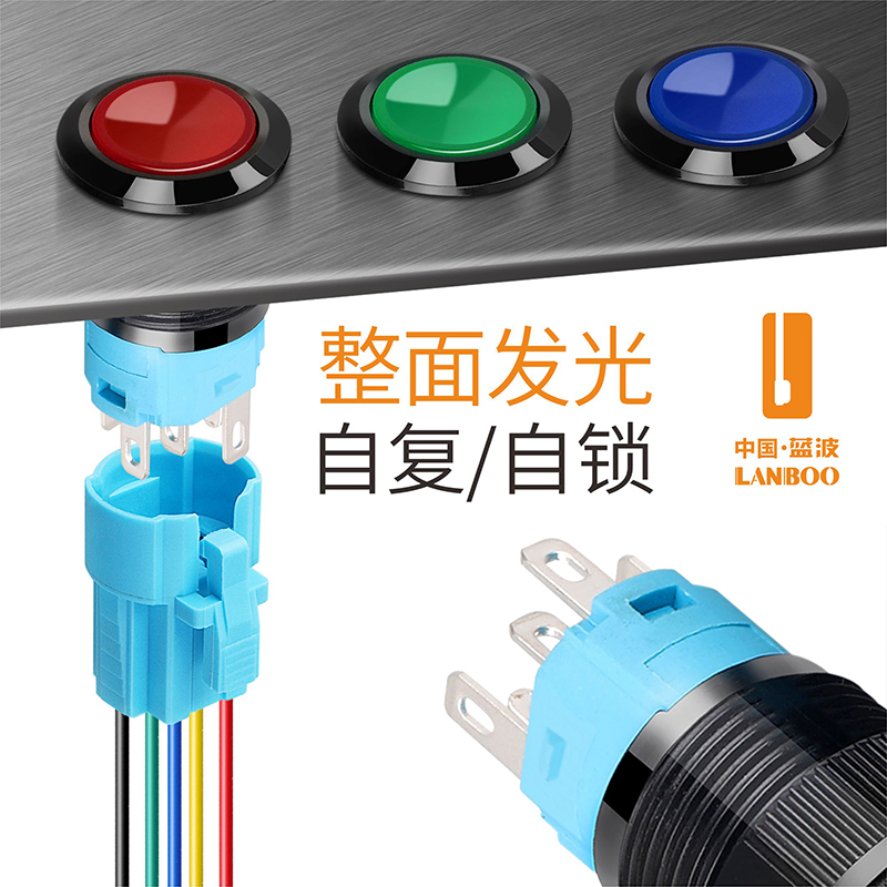 Blue Wave quality plastic button switch 16mm black housing whole round luminous red green blue self-lock 9-24V