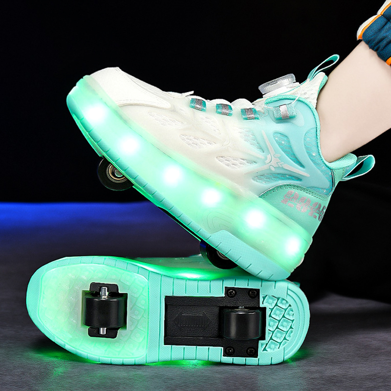 Children's Roller Shoes for Boys with Rotating Buckle, Skate Shoes for Elementary School Students with Flashing Lights, Double-Wheel Retractable Sports Roller Shoes