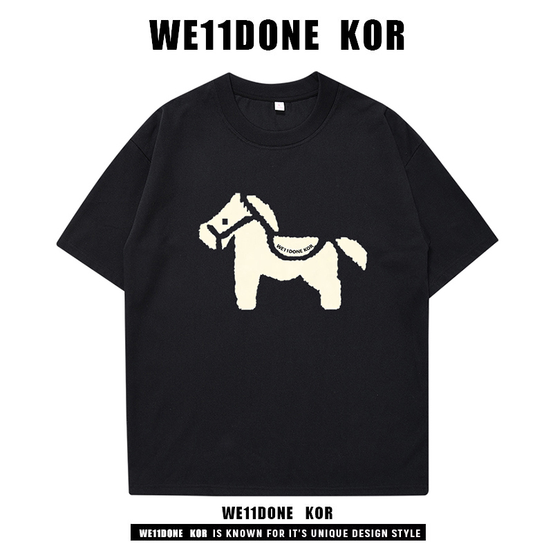 We11Done Kor Co-Branded Trendy Brand Pony Print Short-Sleeved T-Shirt for Men and Women, American Style Loose Pure Cotton Black Top