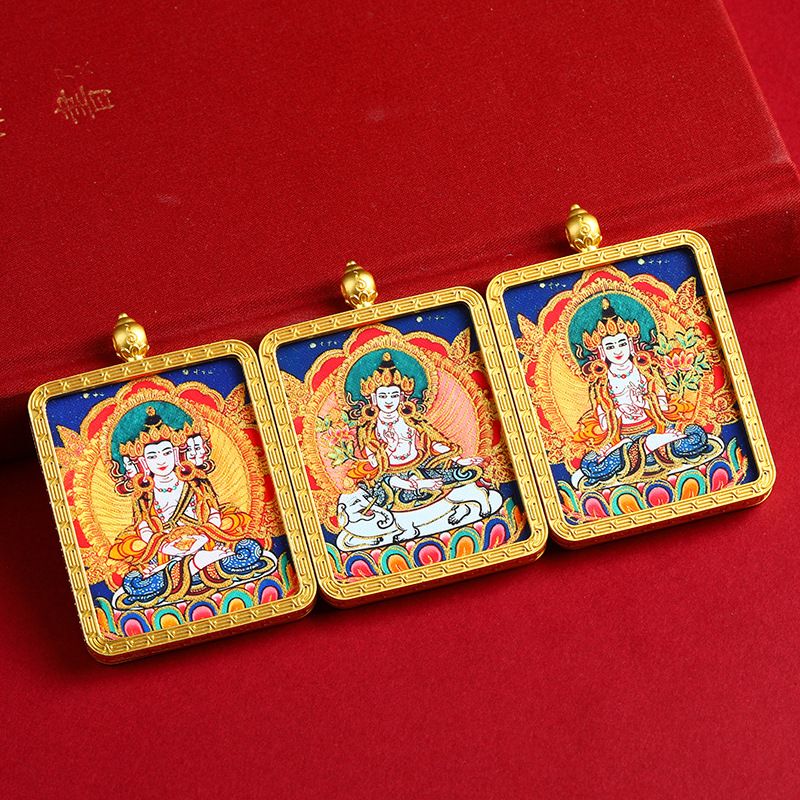 Three-Dimensional Double-Sided Thangka Pendant with Hand-Painted Gold Detailing of the Eight Great Guardian Deities, the Buddha of One's Zodiac Sign, Gahu Box, and Portable Buddha Amulet