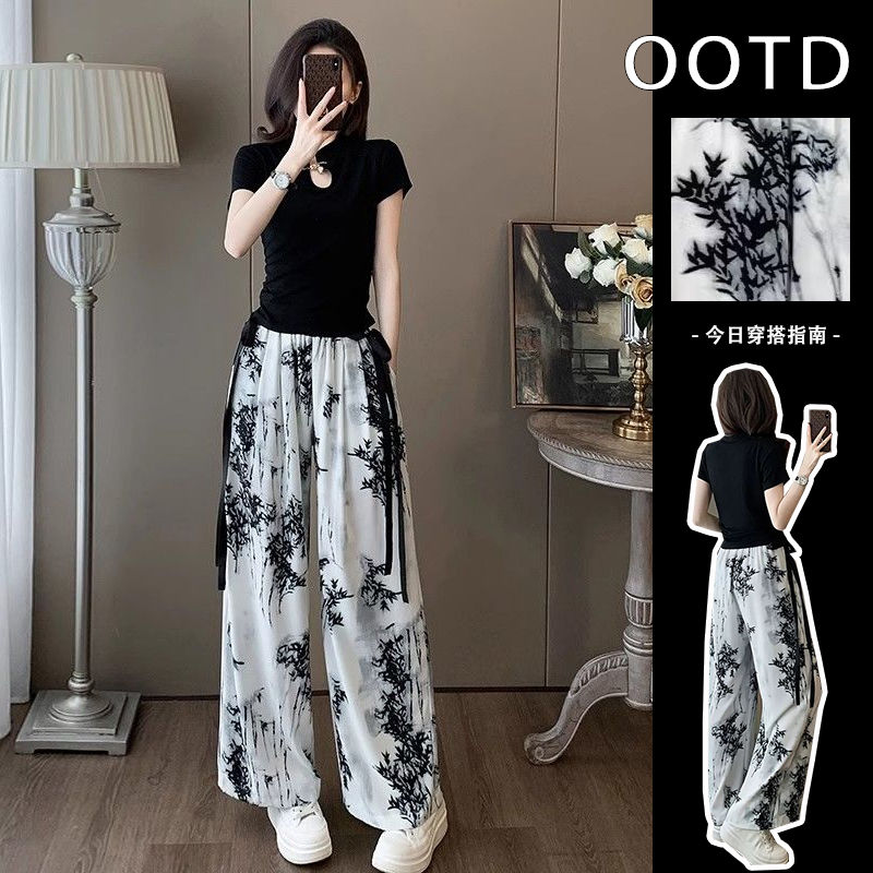 Summer Chinese Style Short-Sleeved Suit for Women, Fashionable Age-Reducing Top, Casual Sports Tie-Dye Ink Painting Wide-Leg Pants Two-Piece Set