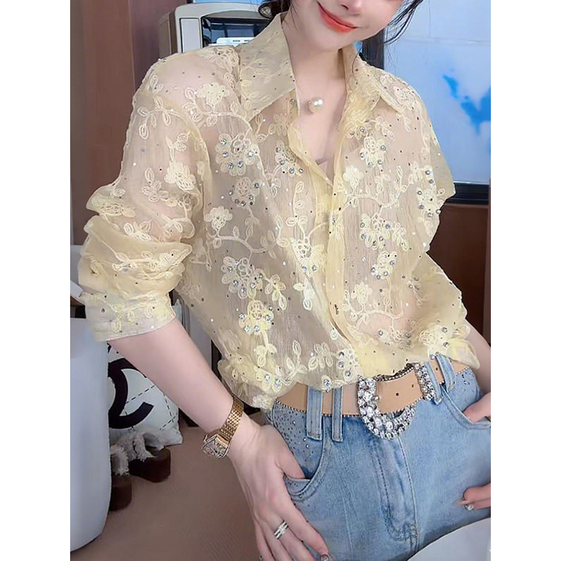 Elegant and Sophisticated Korean-Style Fashionable Lace Puff Sleeve Shirt for Women, Long-Sleeved Spring and Summer Sequin Versatile Top Elegant and Sophisticated Korean-Style Fashionable Lace Puff Sleeve Shirt for Women, Long-Sleeved Spring and Summer Sequin Versatile Top