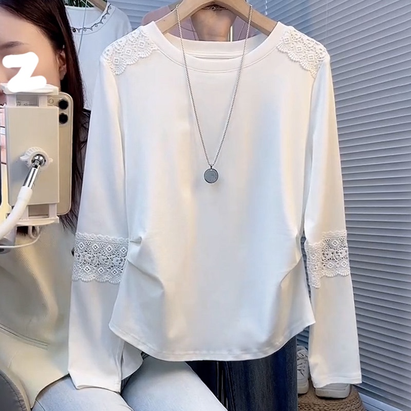 French-Style Hollow Lace Patchwork Long-Sleeve T-Shirt for Women, 2025 Autumn New Style, Pleated Waist, Slimming Base Shirt Top