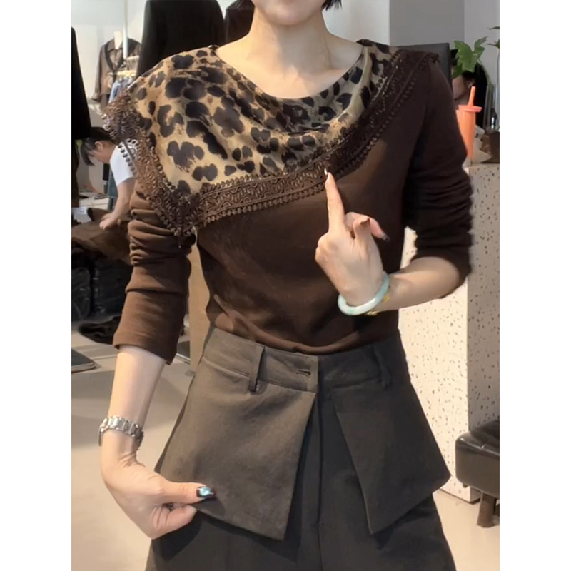 Retro Hong Kong Style Leopard Print Shawl Lace Long-Sleeve T-Shirt for Women, Autumn Slim-Fit Versatile High-End Stylish Top