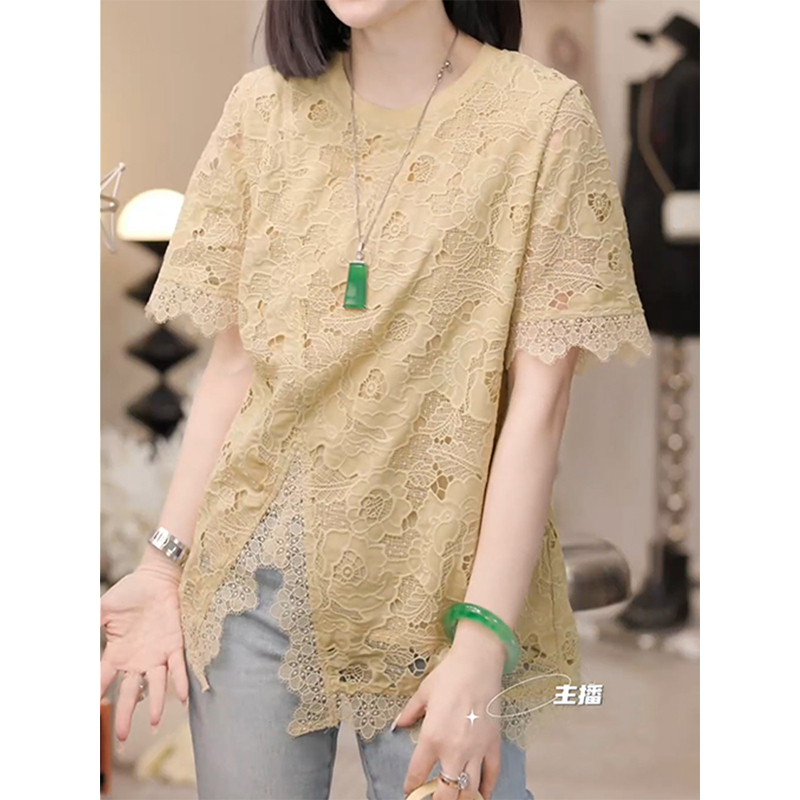 French-Style Hollow Lace T-Shirt for Women, 2025 Summer New Style, Elegant Casual Top with Slit Hem, Slimming Effect