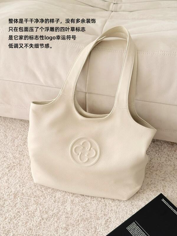 Xia Zhi Guang's Same Style Italian Calfskin Leather Unisex White Commuter Shoulder Bag Soft Tote Bag for Work