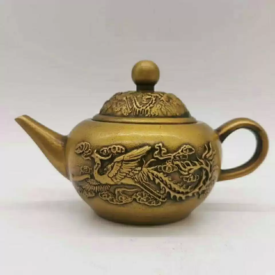 中国古玩 大明純銅黄銅器 双龍茶壺 Y540182 急須