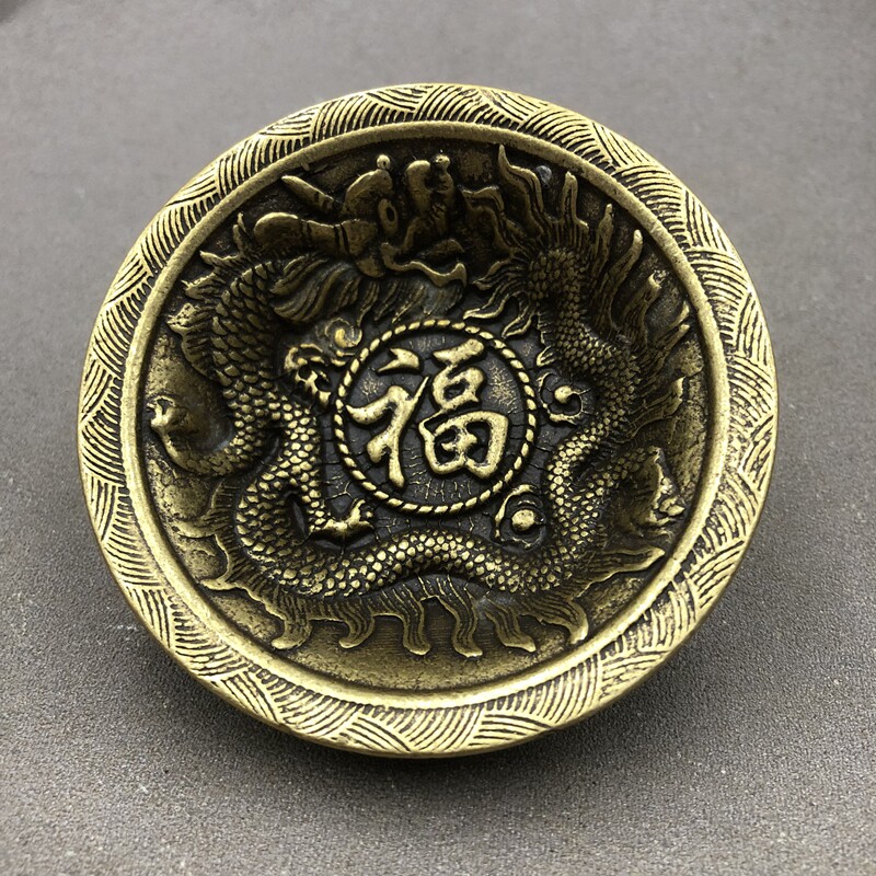 Antique miscellaneous small Bowl plate single dragon Fu word plate retro home craft decoration bronze ware